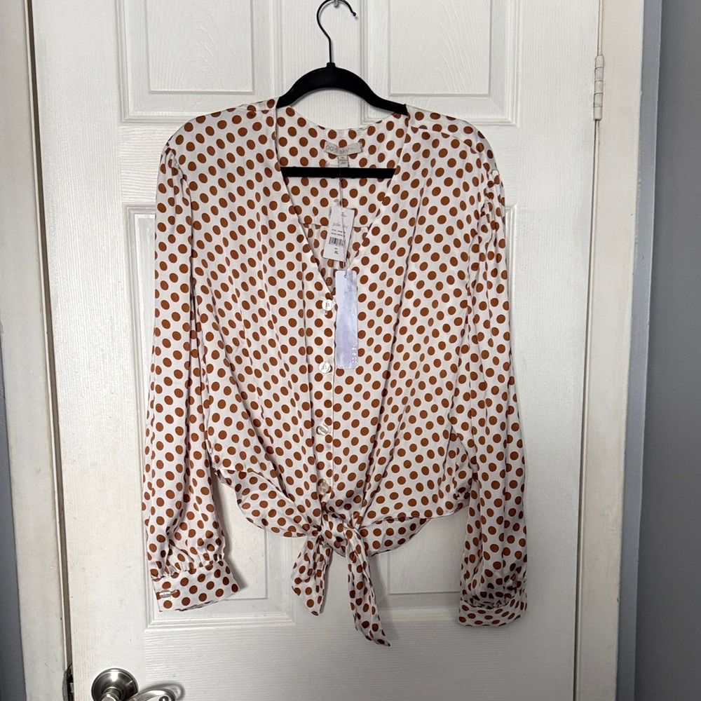 Polka Dot Tie-Front Blouse in Cream and Brown Tags are Removed